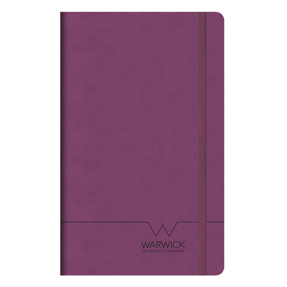 Purple A5 lined branded notebook with Warwick keyline logo debossed to the front cover