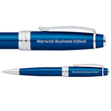 WBS blue pen in presentation box with blue lacquer finish, polished chrome appointments and Warwick Business School engraved on the barrel