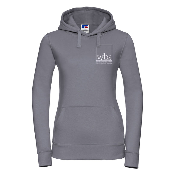 Ladies hooded sweatshirts in grey with Warwick Business School logo in white on left chest