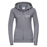 Womens zip up hoodie in grey with Warwick Business School logo in white on left chest