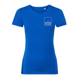 WBS womens cotton tshirt in blue with Warwick Business School logo embroidered on the left chest.