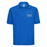 WBS polo shirt for men in blue with Warwick Business School logo embroidered in white on the left chest.