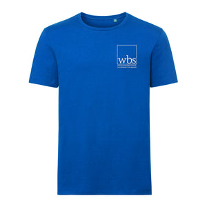 WBS mens cotton tshirt in blue with Warwick Business School logo embroidered in white on the left chest.