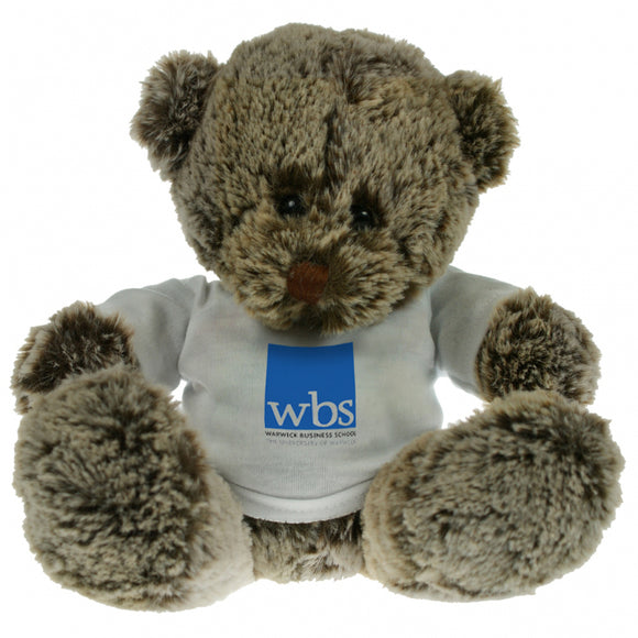 Cocoa coloured Warwick Business School graduation teddy bear wearing a white tshirt with blue WBS logo
