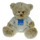 Fudge coloured Warwick Business School graduation teddy bear wearing a white tshirt with blue WBS logo
