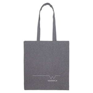 Grey recycled eco bag made from 70% recycled cotton with long handles and the University of Warwick keyline logo.