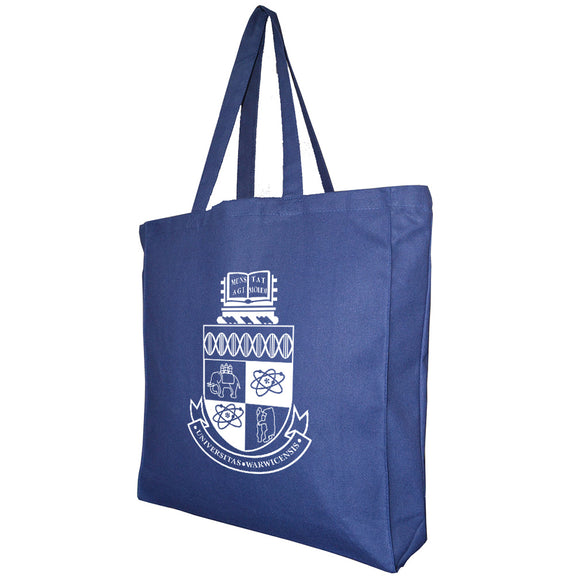Navy large canvas bag with long handles the Warwick crest printed to one side in white