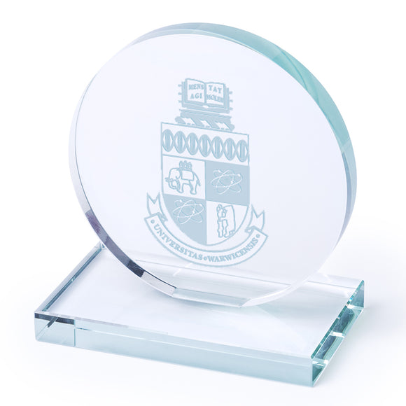 University crested glass plaque award engraved with the University of Warwick Crest