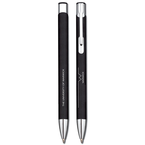 University of Warwick black ballpoint pen with silver chrome fittings