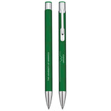 University of Warwick green ballpoint pen with silver chrome fittings