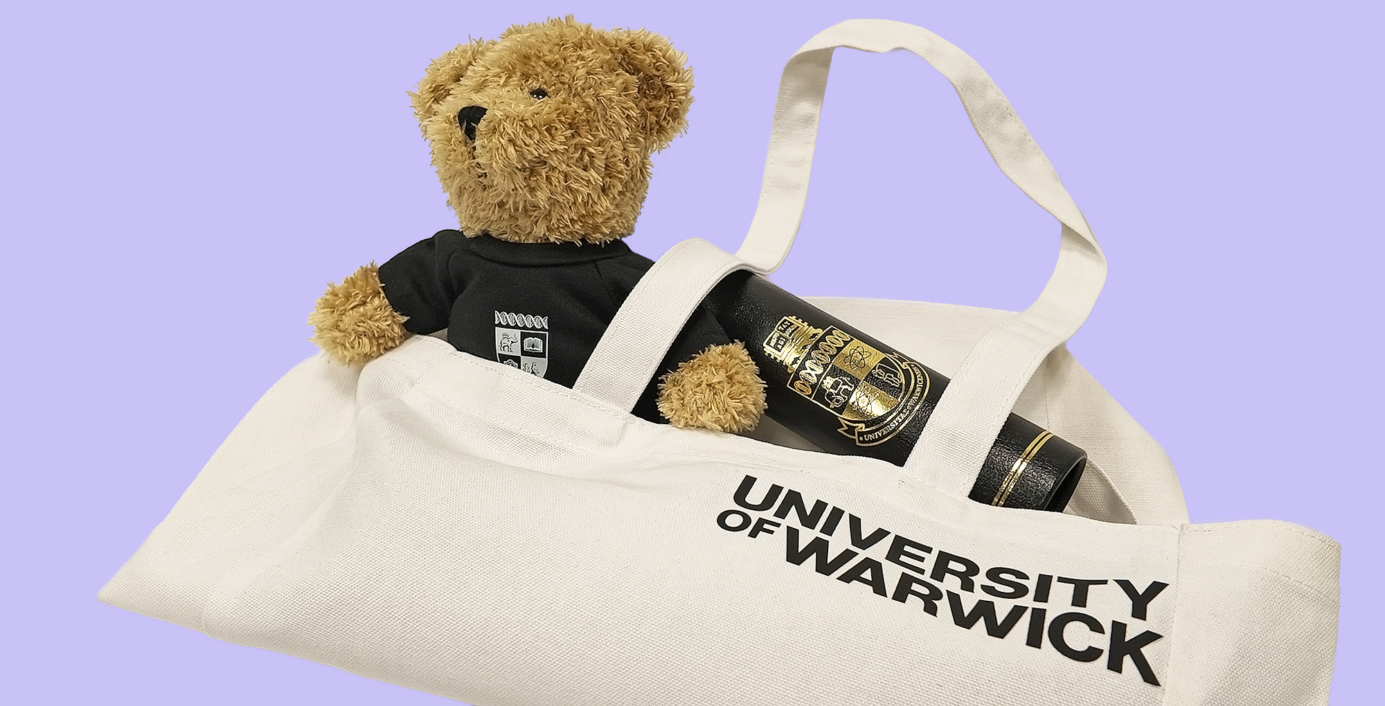 A cream canvas tote bag printed with 'UNIVERSITY OF WARWICK' in black, styled with a small brown teddy bear wearing a black t-shirt and a black certificate holder with gold detailing tucked inside the bag, set against a solid lavender background.