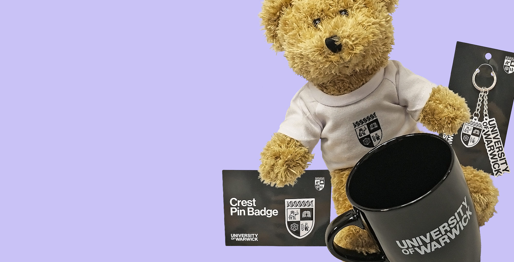 A teddy bear wearing a white University of Warwick t-shirt, displayed alongside matching merchandise including a black mug, a black pin badge card, and a black keychain on a solid lavender background.