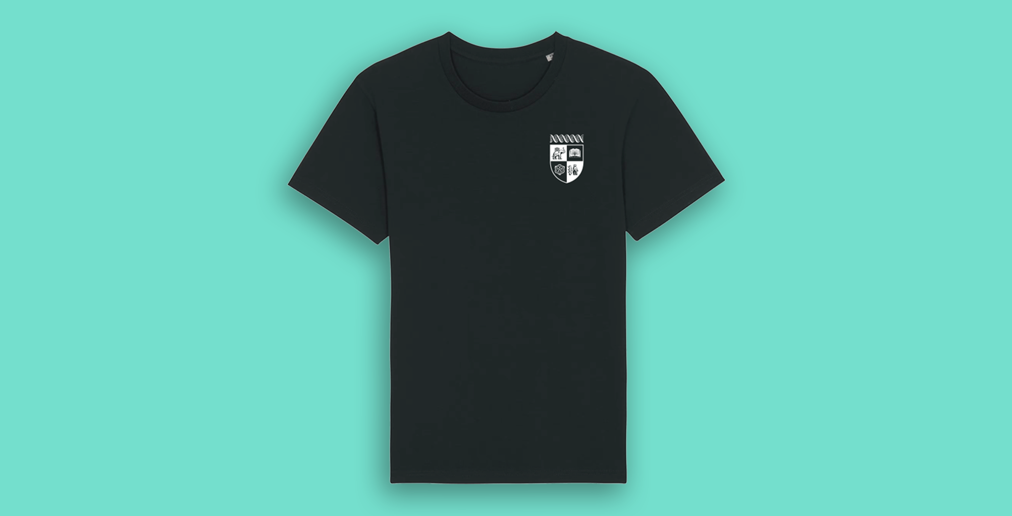 A black short-sleeve crewneck t-shirt with a small white University of Warwick crest printed on the left chest, displayed against a solid teal background.