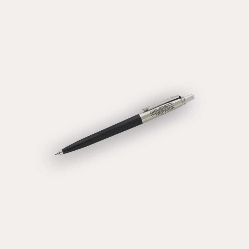 A black retractable pen with a silver metal clip and trim, featuring the engraved text 'UNIVERSITY OF WARWICK' shown on a light grey background.
