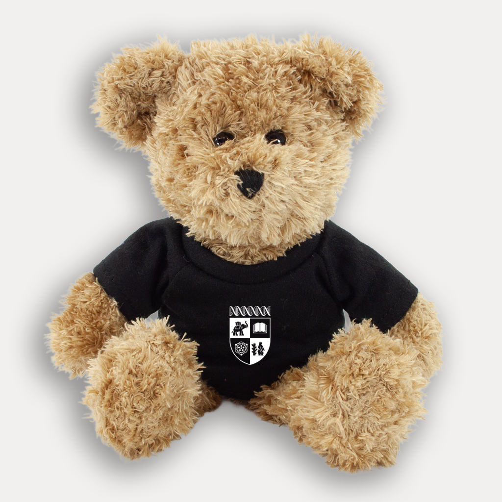 A small, light brown teddy bear wearing a black t-shirt with a white University of Warwick crest in the middle, shown on a light grey background. 
