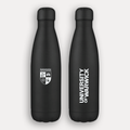 The front and back of a matte-black insulated water bottle shown side by side on a light grey background. The left bottle has a white University of Warwick crest, and the right bottle has the words 'UNIVERSITY OF WARWICK' printed vertically in white.