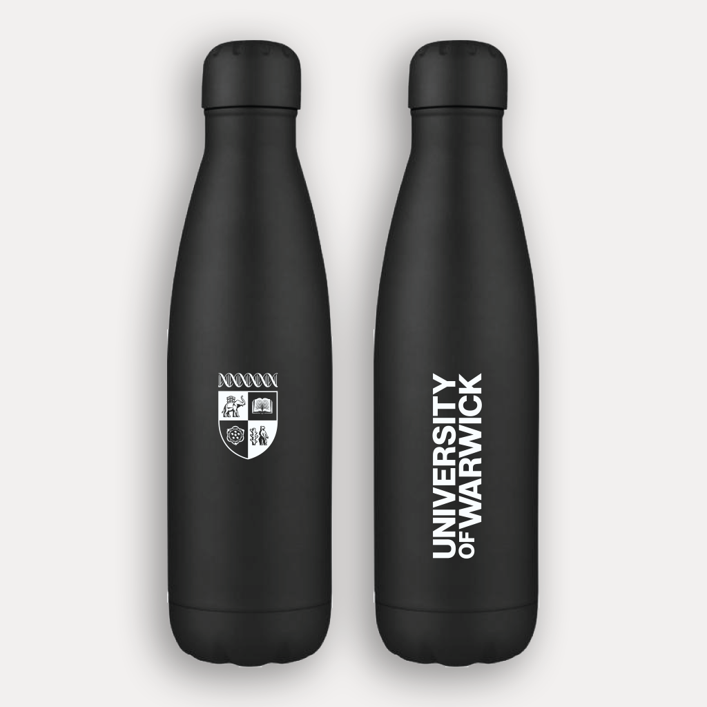 The front and back of a matte-black insulated water bottle shown side by side on a light grey background. The left bottle has a white University of Warwick crest, and the right bottle has the words 'UNIVERSITY OF WARWICK' printed vertically in white.