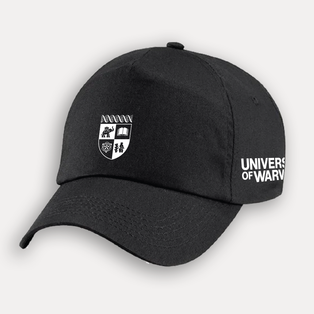 A black baseball cap featuring the University of Warwick crest in white on the front and 'UNIVERSITY OF WARWICK' in white text on the side, shown against a light grey background.