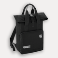 A black University of Warwick backpack with a rolltop, dual top handles, and a front pocket featuring the university's logo and text, shown on a light grey background.