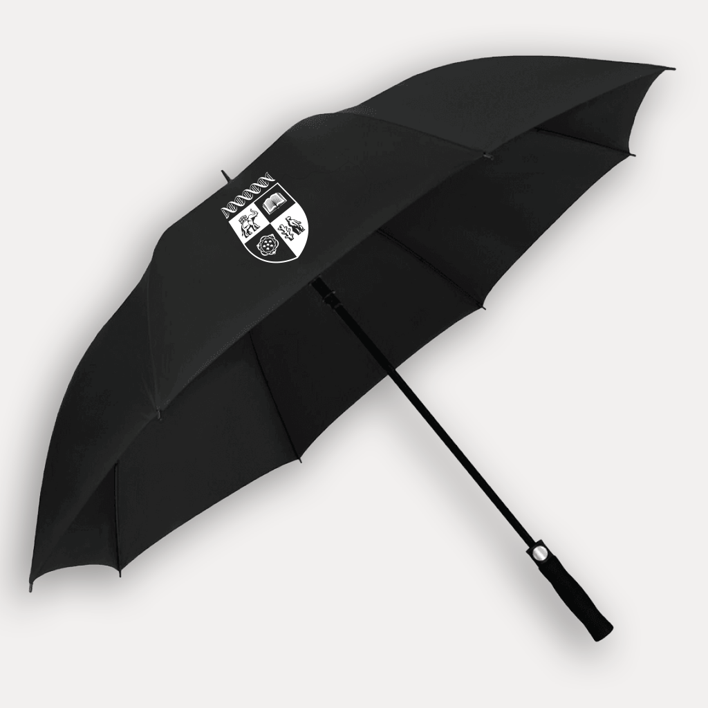 A black open umbrella with the University of Warwick crest in white printed on the canopy, shown against a light gray background.