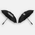 The front and back of a black University of Warwick branded umbrella shown side by side on a light grey background, one with the university name printed in white and the other with the university crest.