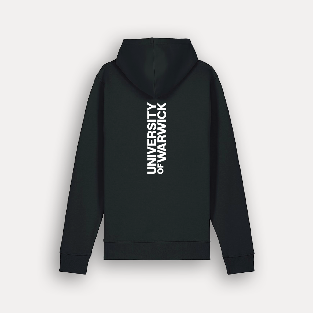 A black pullover hoodie shown from the back, featuring the words 'UNIVERSITY OF WARWICK' printed vertically in white on the center back, set against a light gray background.