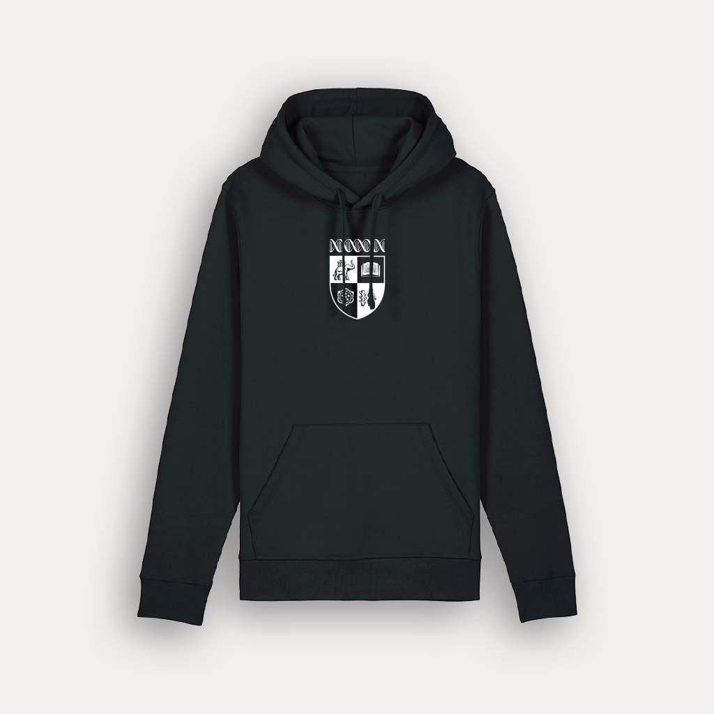A black pullover hoodie with the university crest in white on the centre of the chest, displayed against a light grey background.