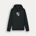 A black pullover hoodie with the university crest in white on the centre of the chest, displayed against a light grey background.