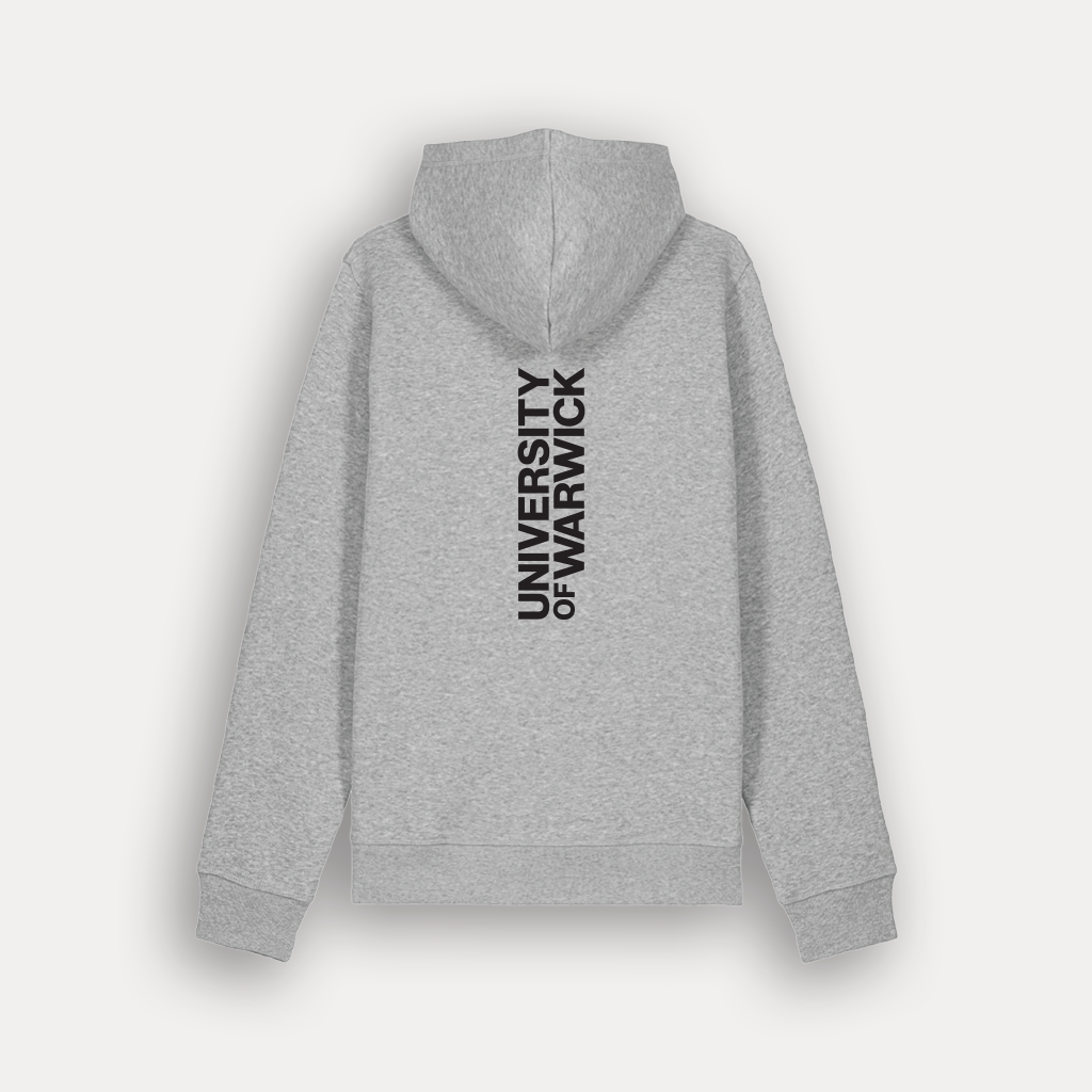 A light gray heather pullover hoodie shown from the back, featuring the text 'UNIVERSITY OF WARWICK' printed vertically in black on the back.