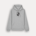 A heather grey pullover hoodie with the university crest in black on the centre of the chest, displayed against a light grey background.