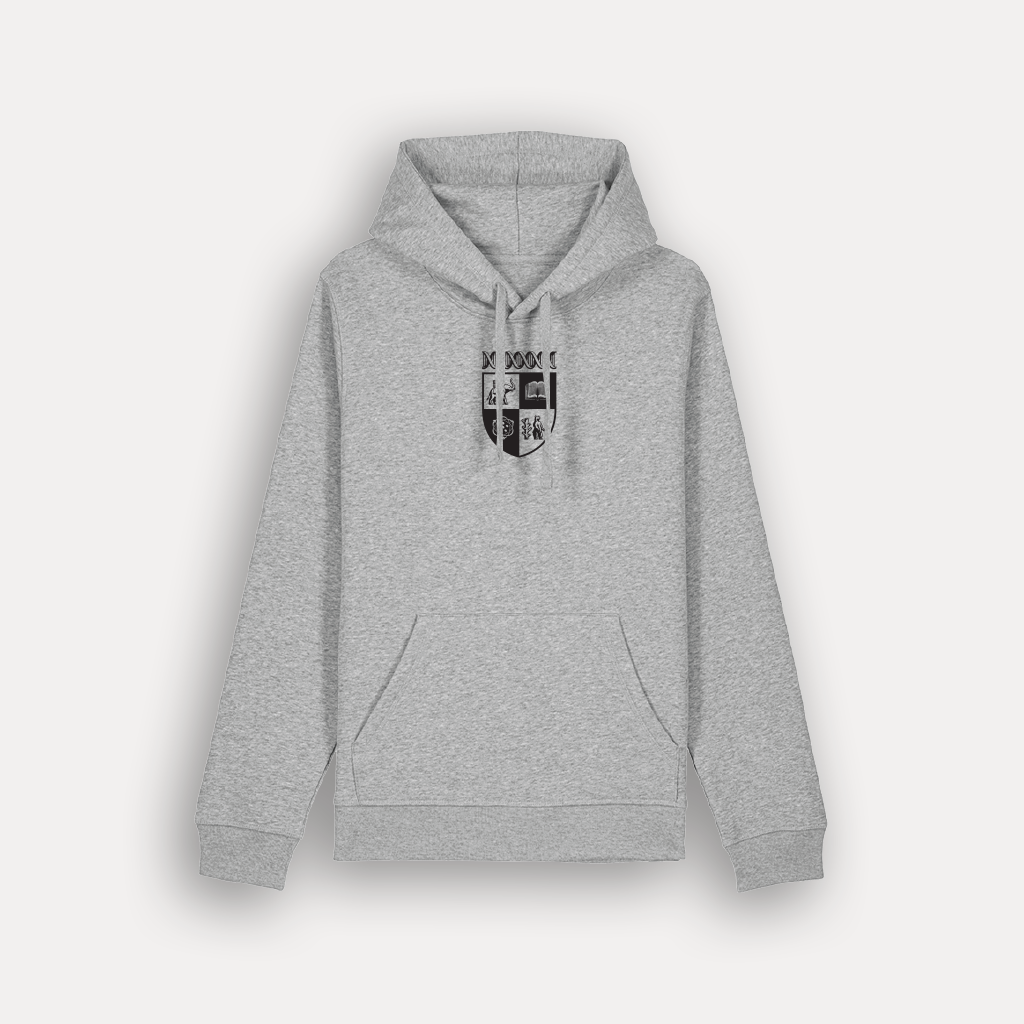A heather grey pullover hoodie with the university crest in black on the centre of the chest, displayed against a light grey background.