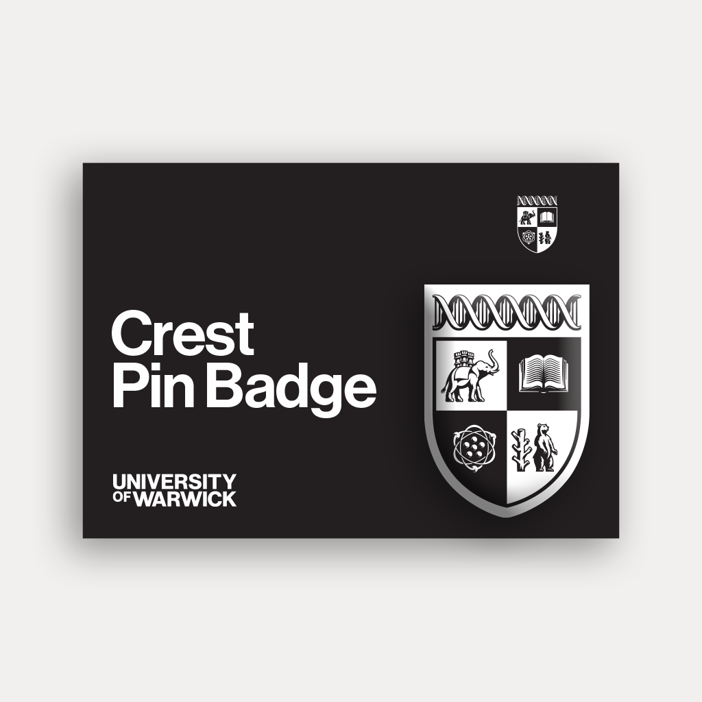 A black rectangular card featuring the University of Warwick crest and the text 'Crest Pin Badge' in white with a stainless steel printed pin badge of the university crest, shown against a light grey background.