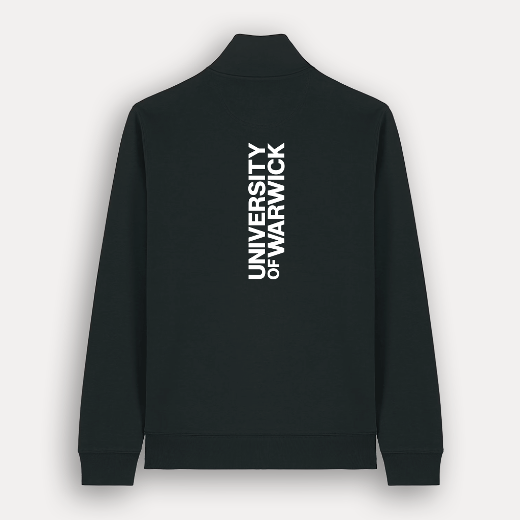 A black long-sleeve half-zip jacket with 'UNIVERSITY OF WARWICK' printed vertically in white on the back, shown against a light gray background.