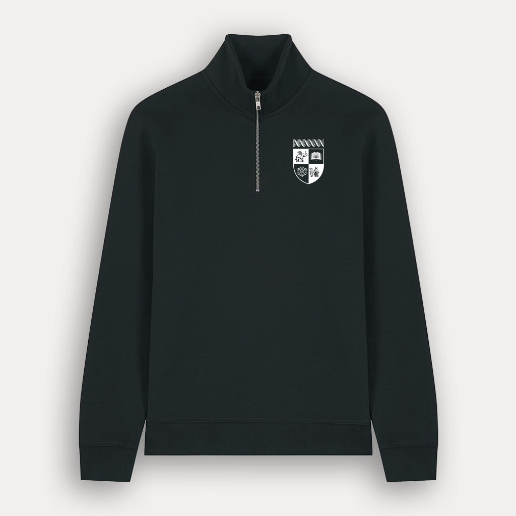 A black long-sleeve quarter-zip jacket with the University of Warwick crest printed in white on the left chest, shown against a light gray background.