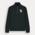 A black long-sleeve quarter-zip jacket with the University of Warwick crest printed in white on the left chest, shown against a light gray background.