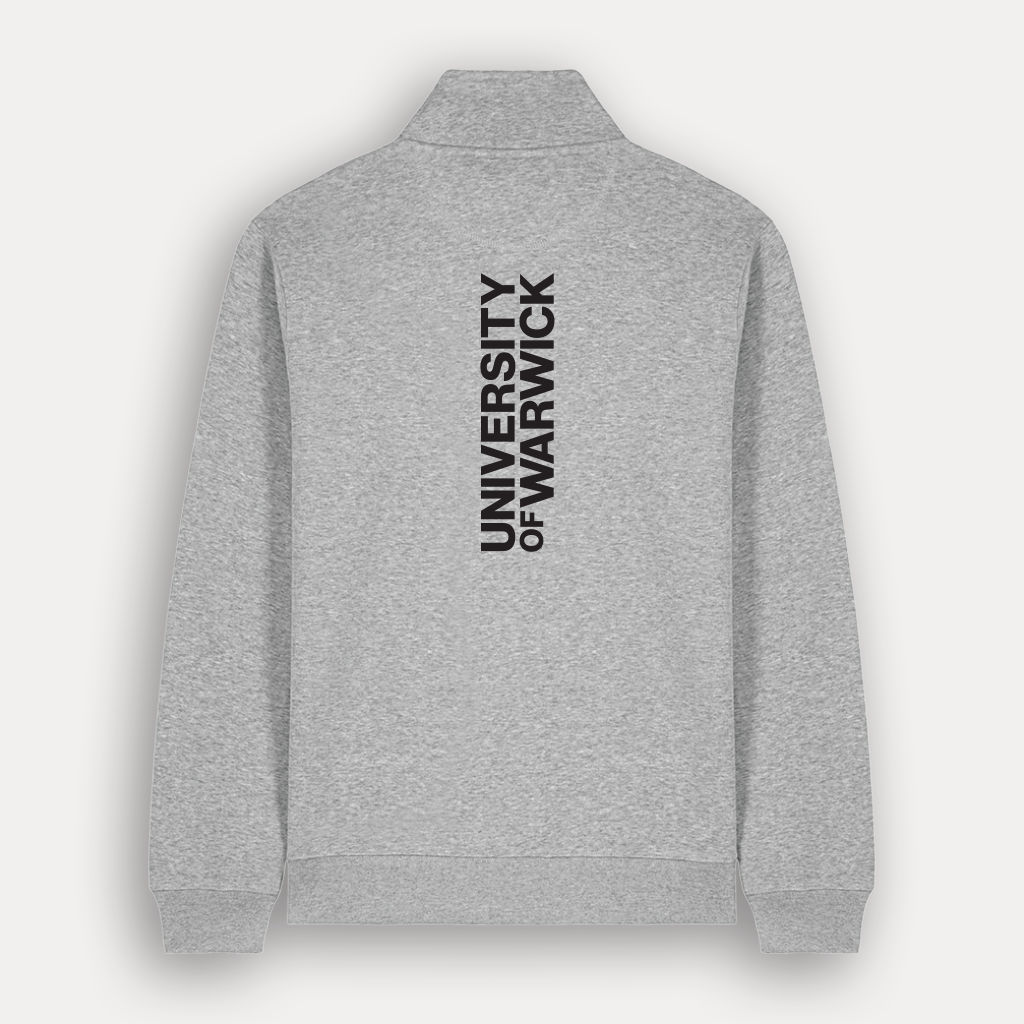 A light grey heather pullover quarter zip shown from the back, featuring the UNIVERSITY OF WARWICK logo printed vertically in black on the upper back, displayed on a light grey background.