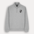 A heather grey long-sleeve quarter-zip jacket with the University of Warwick crest printed in white on the left chest, shown against a light gray background.