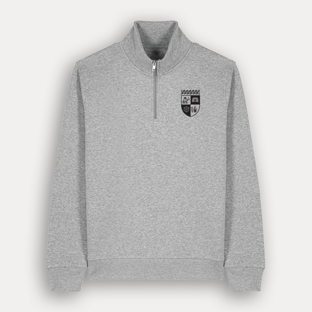 A heather grey long-sleeve quarter-zip jacket with the University of Warwick crest printed in white on the left chest, shown against a light gray background.