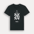 A black short-sleeve crewneck t-shirt with a white graphic print on the front. The graphic features a small crest, the text 'CLASS OF', large stylised numbers '26 27', and 'UNIVERSITY OF WARWICK' at the bottom. Shown on a light grey background. 