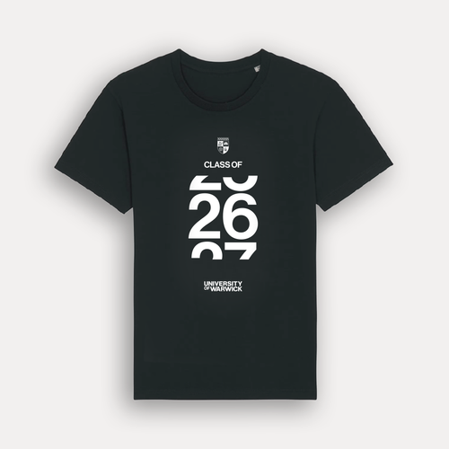 A black short-sleeve crewneck t-shirt with a white graphic print on the front. The graphic features a small crest, the text 'CLASS OF', large stylised numbers '26 27', and 'UNIVERSITY OF WARWICK' at the bottom. Shown on a light grey background. 