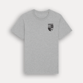 A light grey heather crewneck t-shirt with a small black University of Warwick crest printed on the left chest, displayed on a light grey background.