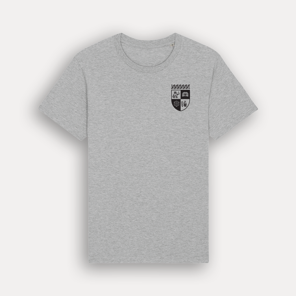 A light grey heather crewneck t-shirt with a small black University of Warwick crest printed on the left chest, displayed on a light grey background.