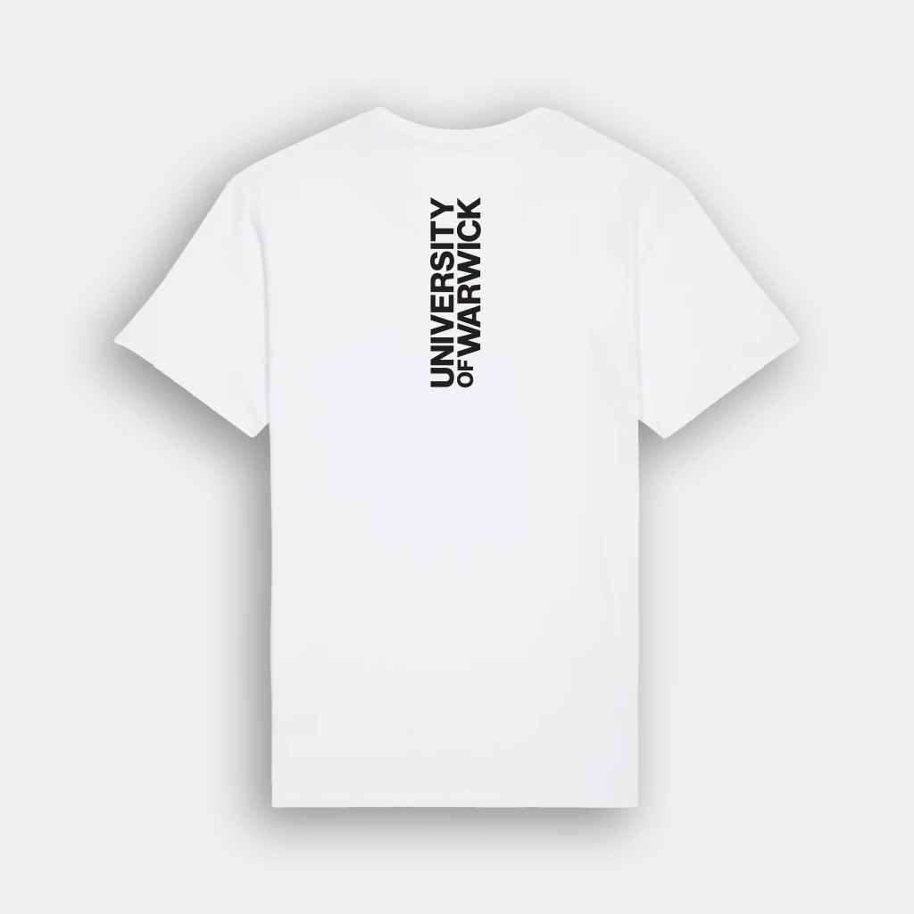 A white short-sleeve t-shirt shown from the back, featuring the text 'UNIVERSITY OF WARWICK' printed vertically in black on the upper back, set against a light gray background.