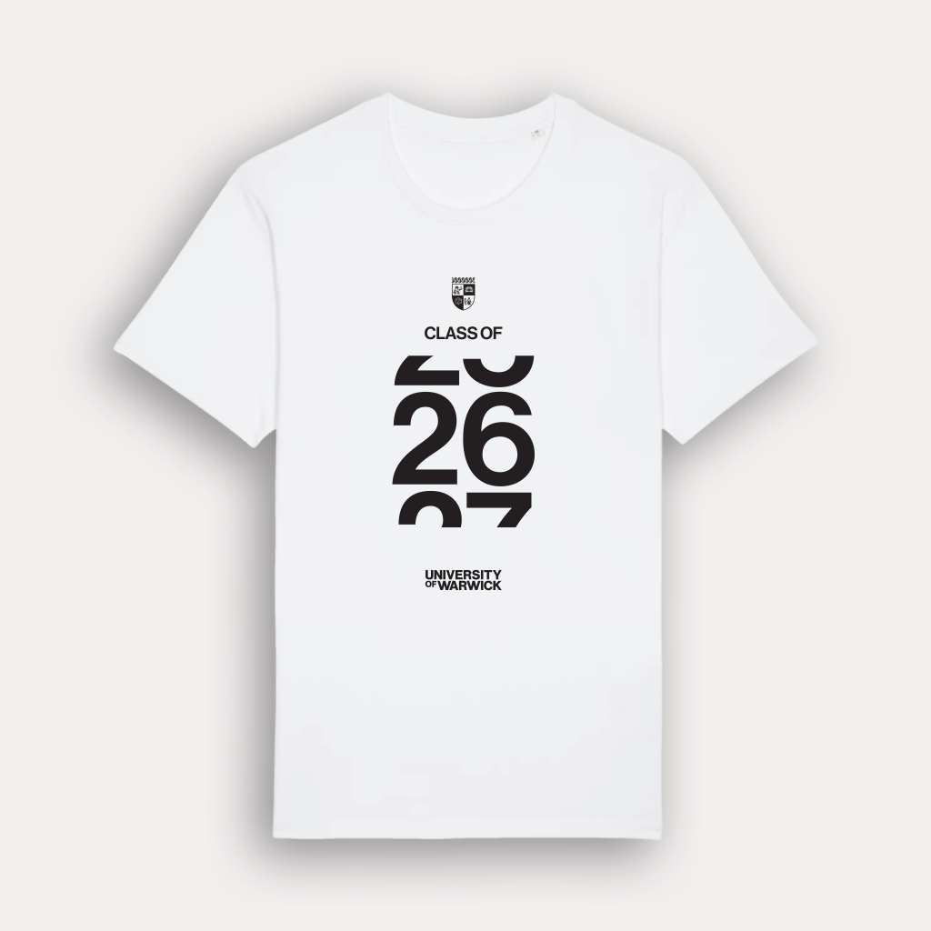 A white short-sleeve crewneck t-shirt with a black graphic print on the front. The graphic features a small crest, the text 'CLASS OF', large stylised numbers '26 27', and 'UNIVERSITY OF WARWICK' at the bottom. Shown on a light grey background.