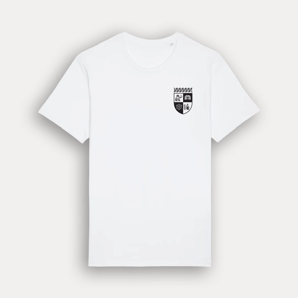 A white short-sleeve crewneck t-shirt with the University of Warwick black crest printed on the left chest, displayed on a light gray background.