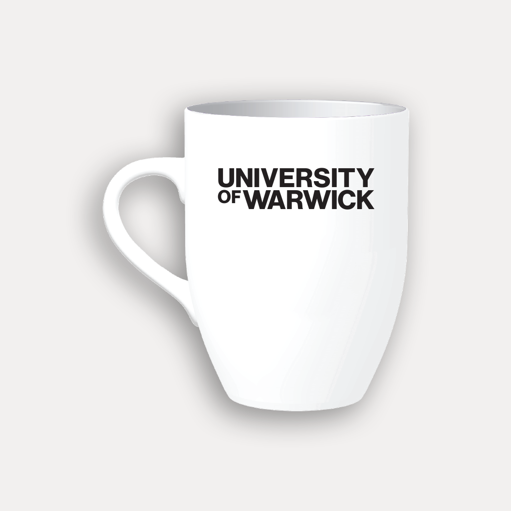 A white ceramic coffee mug with the text 'UNIVERSITY OF WARWICK' printed in bold black capital letters on the front, set against a light gray background.