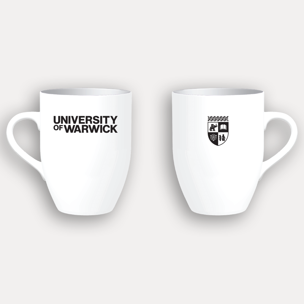 The front and back of a white ceramic mug shown against a light grey background. The left mug displays the text 'UNIVERSITY OF WARWICK' in black, and the right mug shows the University of Warwick crest in black.