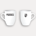 The front and back of a white ceramic mug shown against a light grey background. The left mug displays the text 'UNIVERSITY OF WARWICK' in black, and the right mug shows the University of Warwick crest in black.