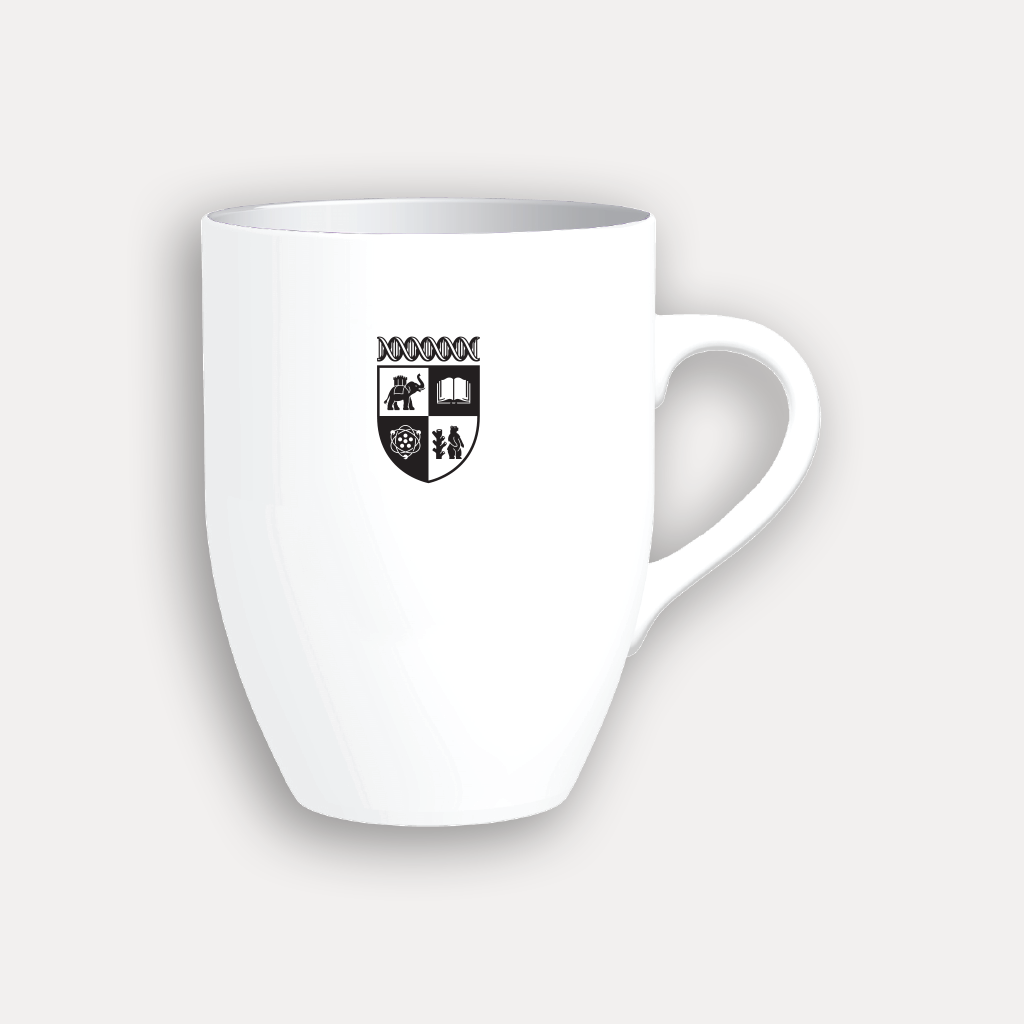 A white ceramic coffee mug with the black University of Warwick crest on the front, set against a light grey background.
