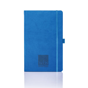 A5 notebook in blue with debossed Warwick Business School logo on the front cover